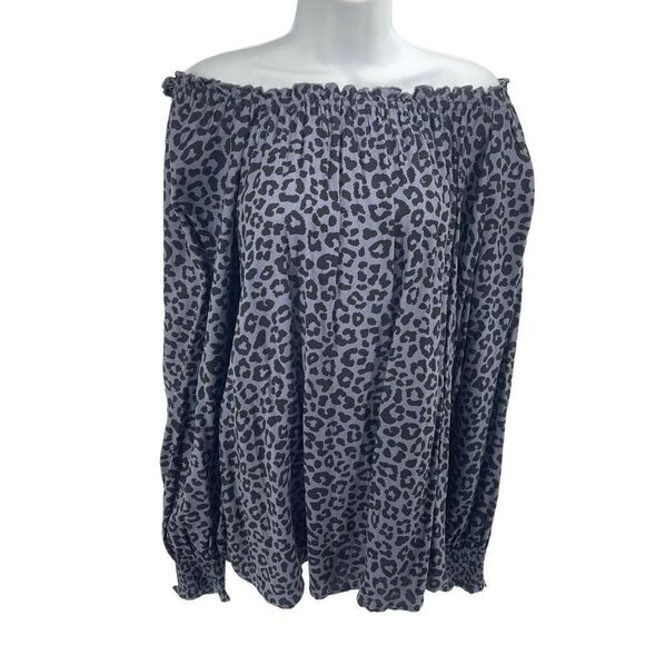 Time and Tru Womens Off Shoulder Blouse Top Leopard Print Small 4-6 Blue Black - Picture 1 of 14